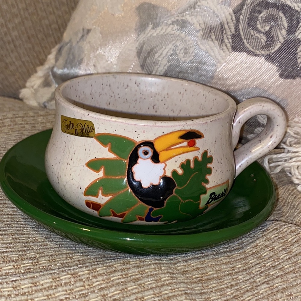 🇧🇷 NWT Vintage Brazilian Handmade Pottery Toucan Mug & Plate - Picture 3 of 12